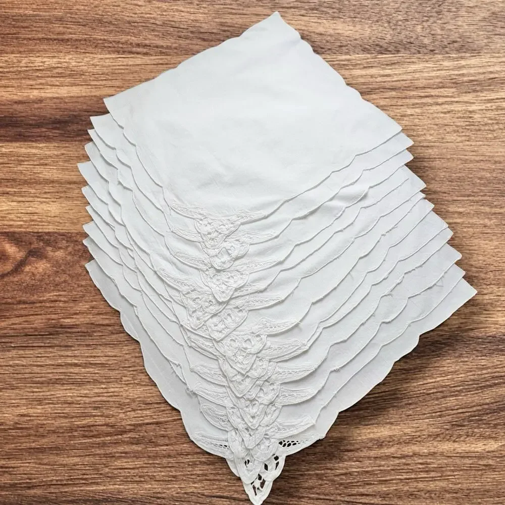 Battenburg Lace Corner Dinner Napkins Set 12 White Cotton Openwork Cottage 16x15